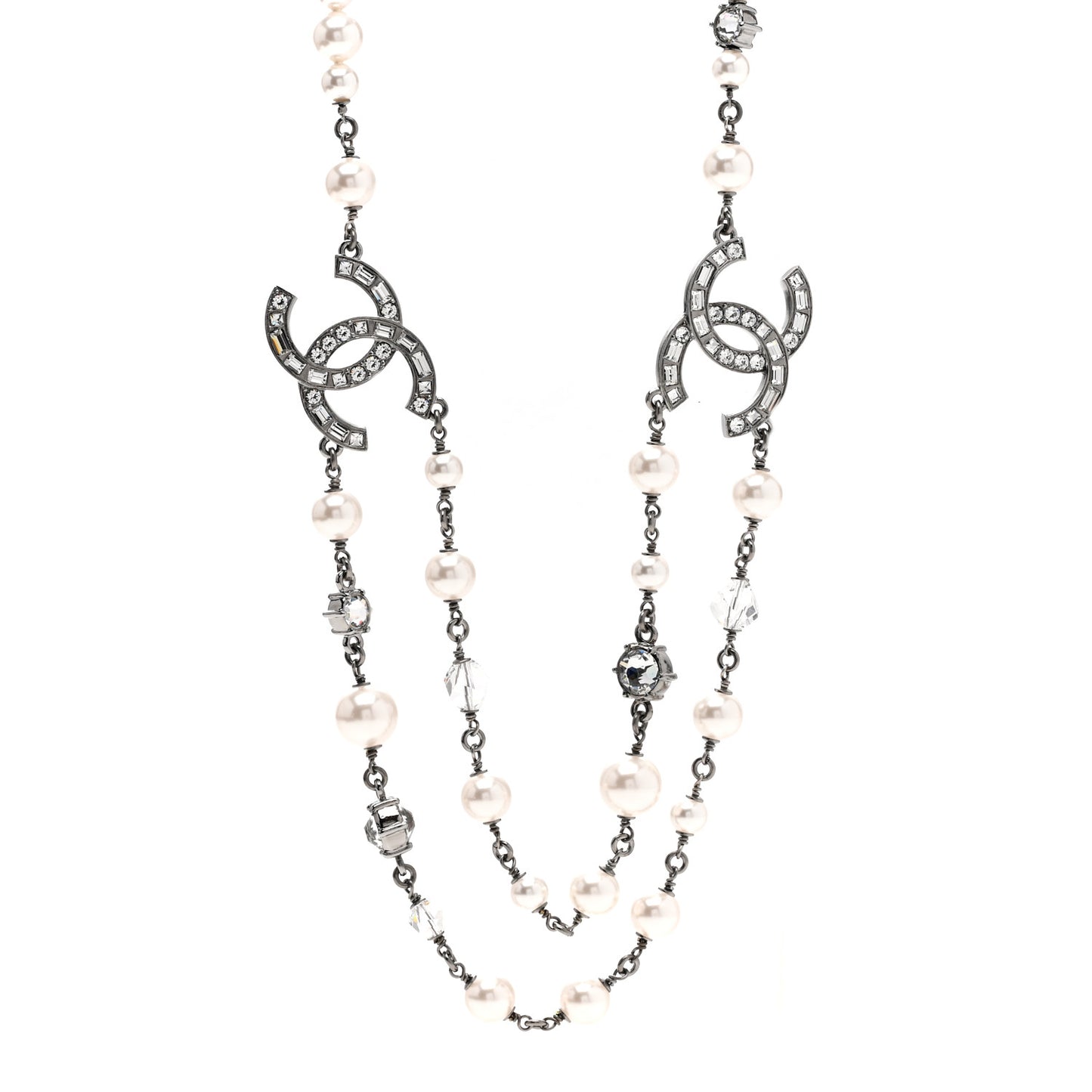 Ruthenium Pearl Crystal Baguette CC Necklace Silver