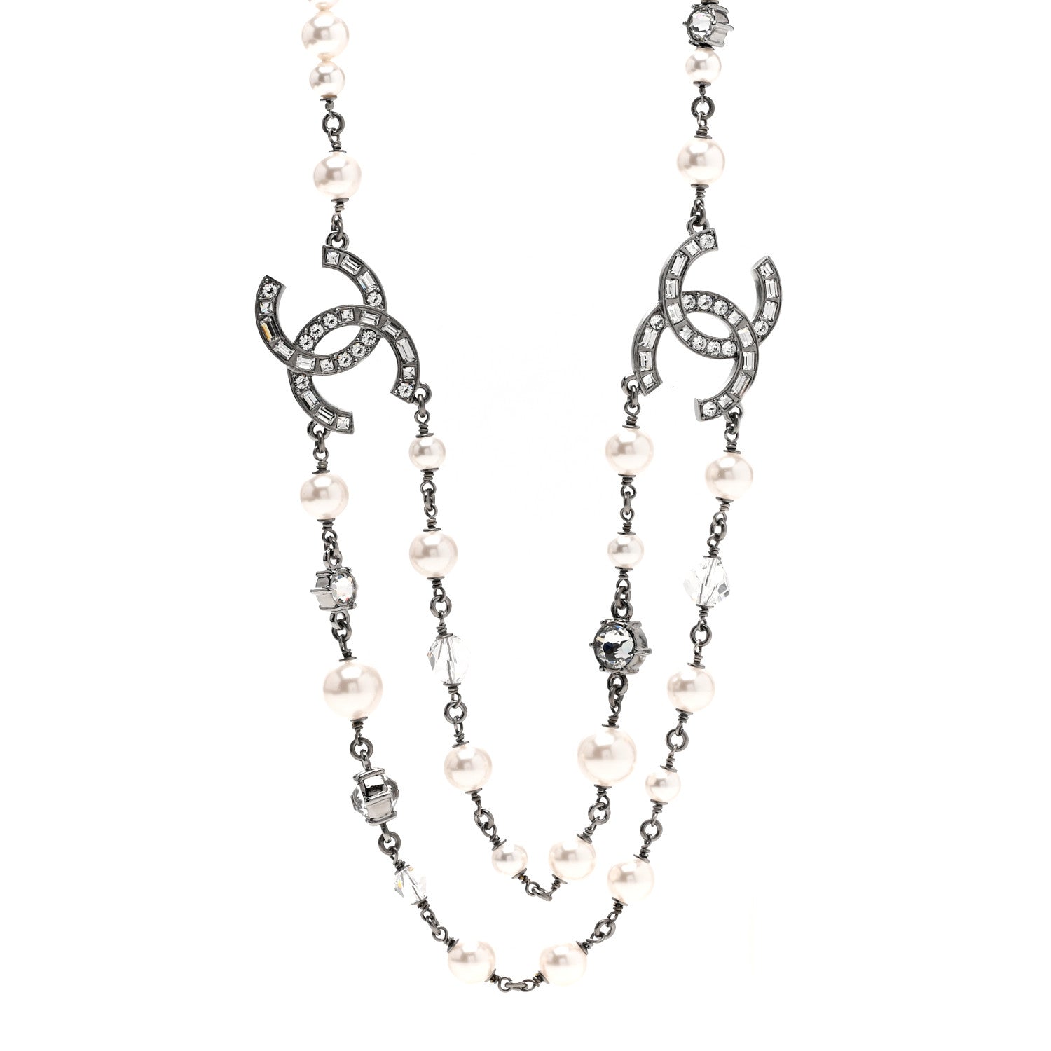 Chanel Ruthenium Pearl Crystal Baguette CC Necklace Silver 1 of 6