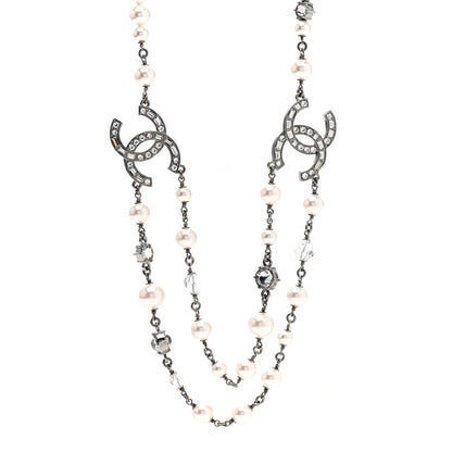 Chanel Ruthenium Pearl Crystal Baguette CC Necklace Silver 1 of 6