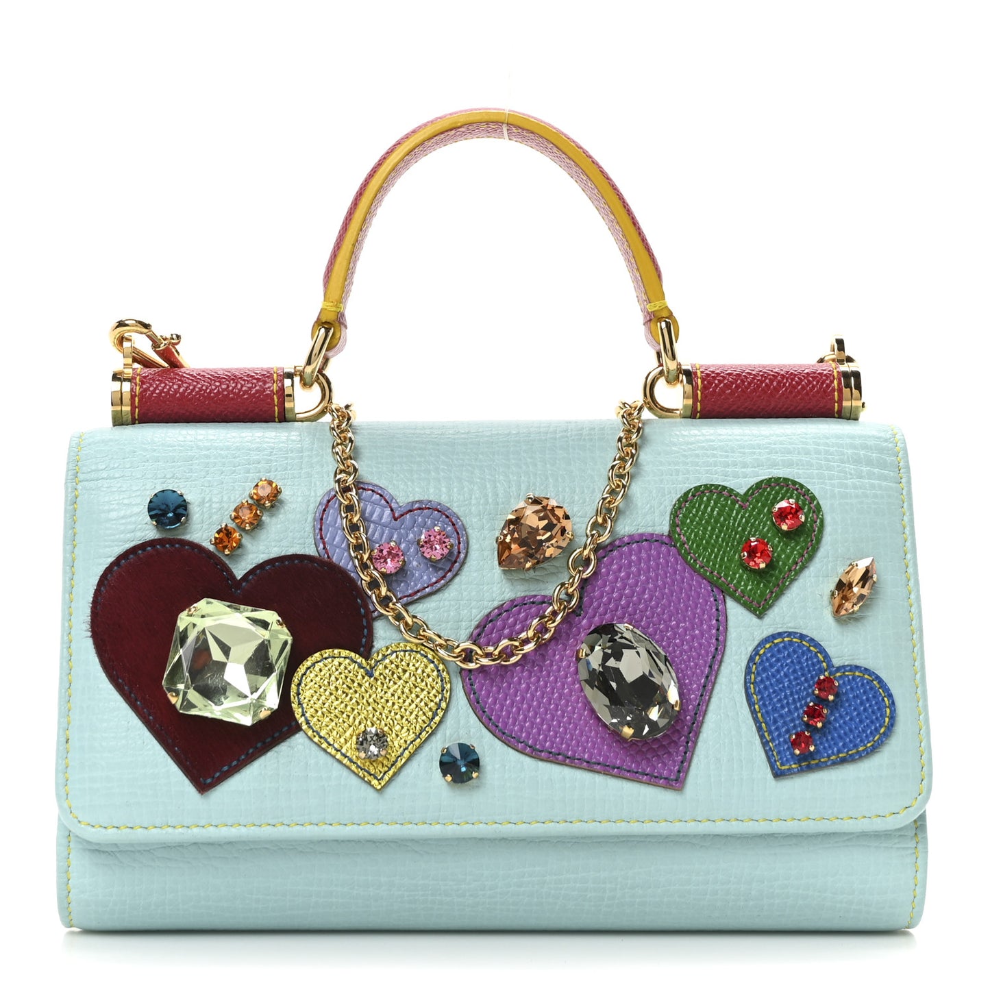 Calfskin Hearts Crystals Mini Miss Sicily Chain Phone Case Wallet Azzuro Chiapo
