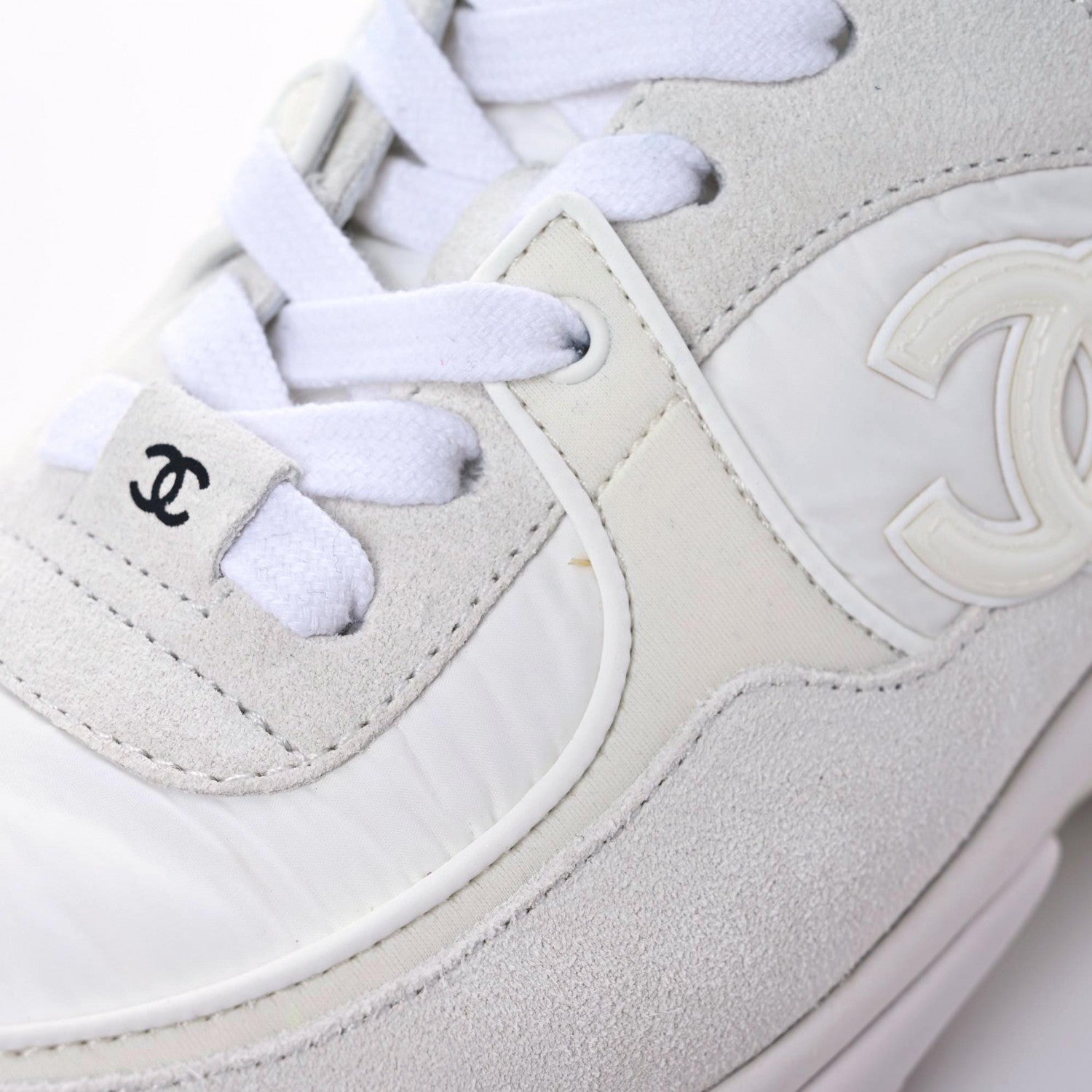 Chanel Suede Calfskin Fabric CC Sneakers 36 White 13 of 15