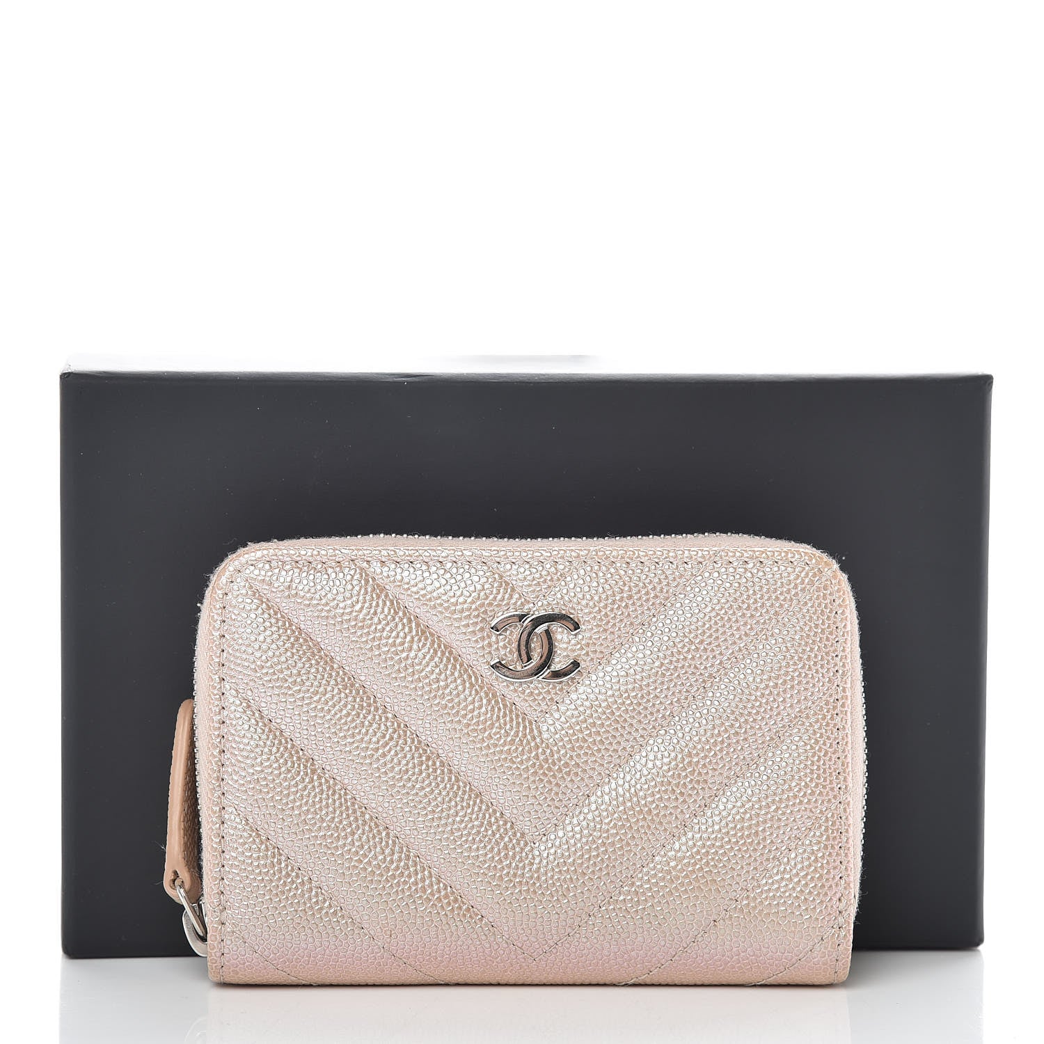 Chanel Metallic Caviar Chevron Quilted Zip Around Coin Purse Light Gold 10 of 10