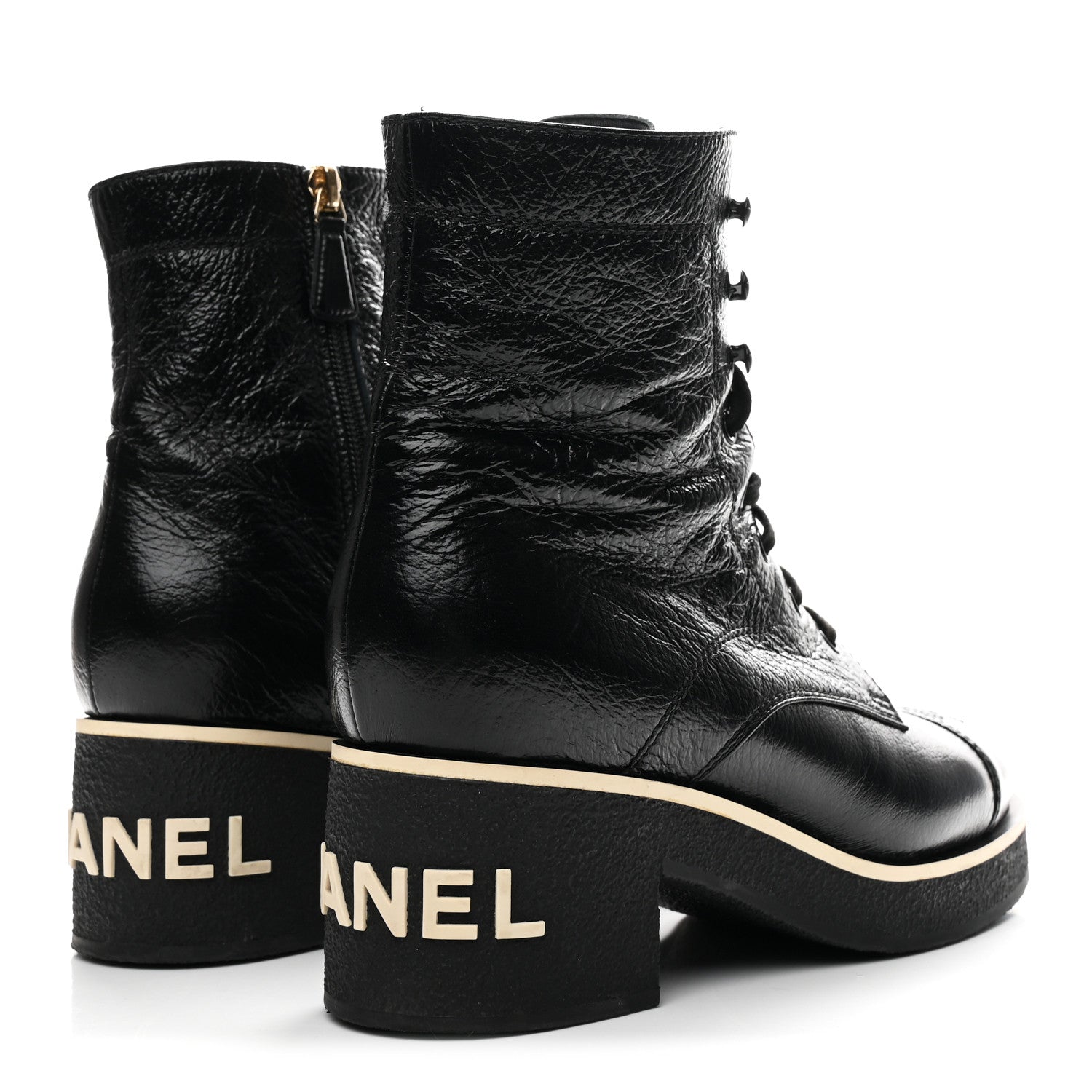 Chanel Shiny Crumpled Lambskin Lace Up Combat Boots 39 Black 5 of 9