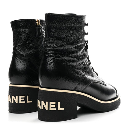 Chanel Shiny Crumpled Lambskin Lace Up Combat Boots 39 Black 5 of 9