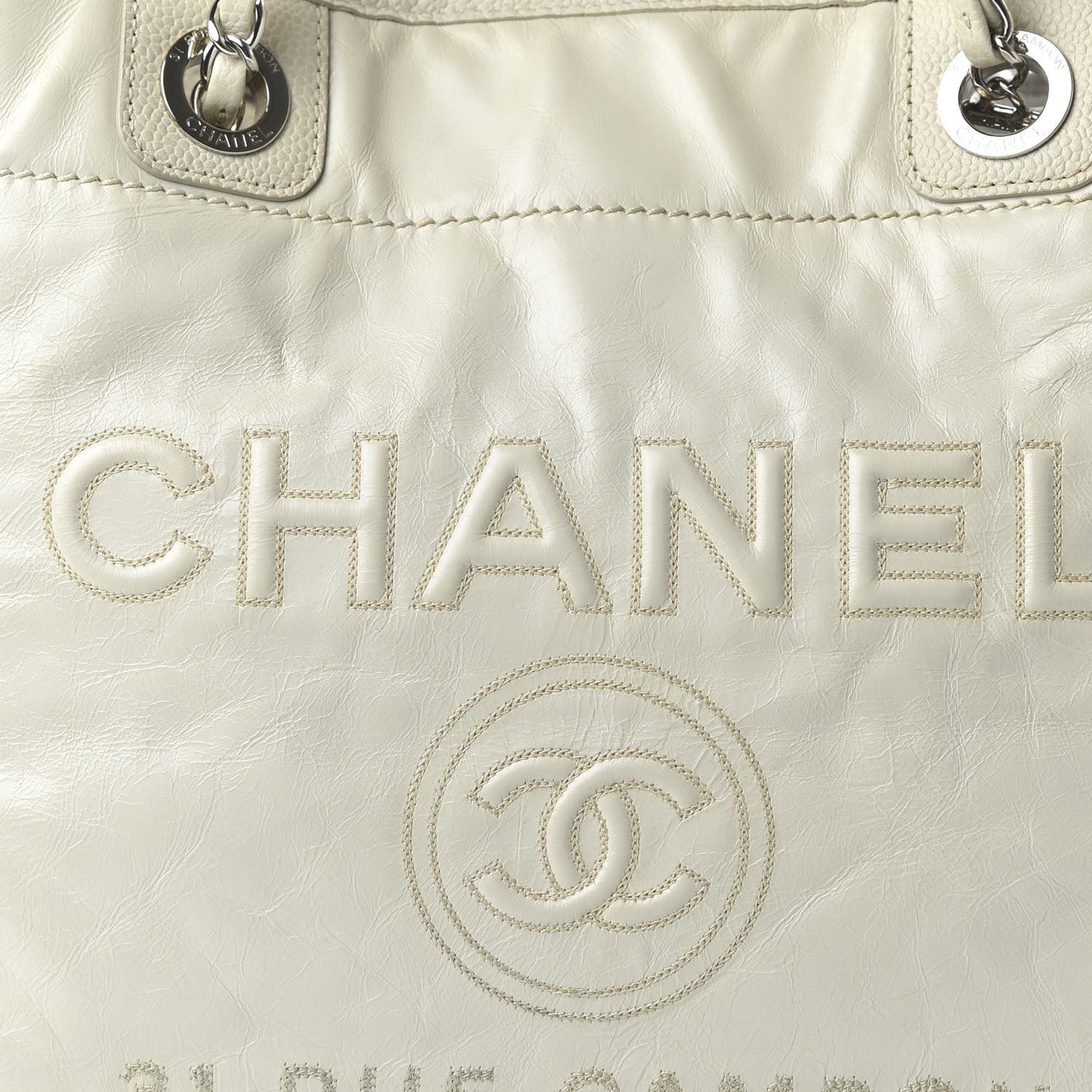 Glazed Calfskin Small Deauville Tote Ecru