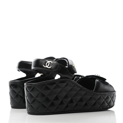 Chanel Shiny Calfskin Logo Platform Sandals 38 Black 4 of 7