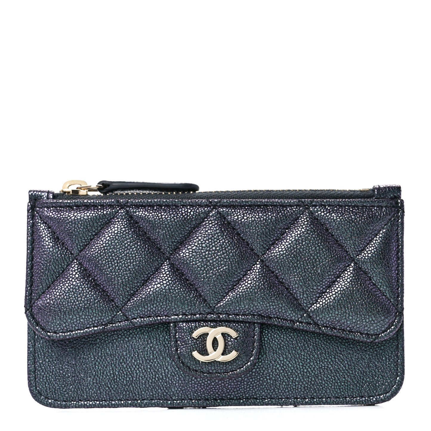 Iridescent Caviar Quilted Flap Zip Card Holder Black