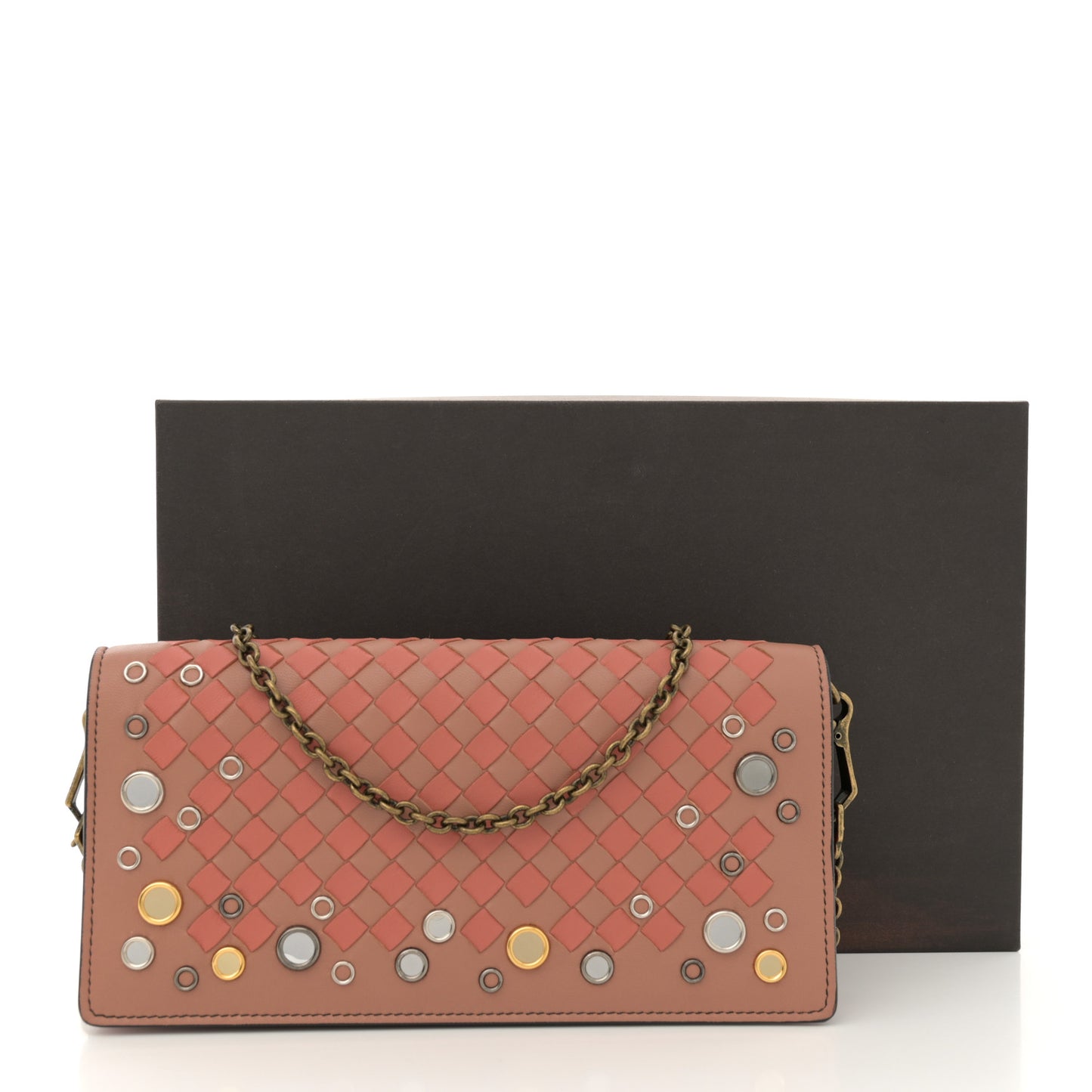 Nappa Intrecciato Studded Embellished Chain Wallet Tan Corallo