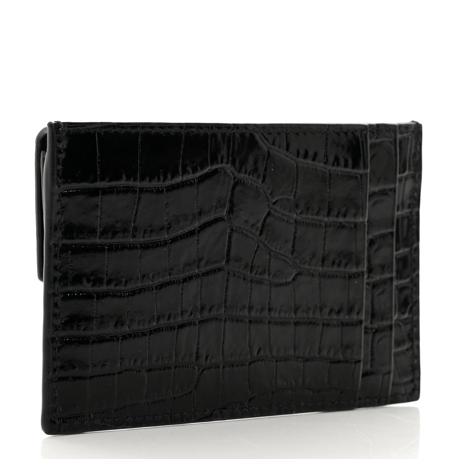 Saint Laurent Calfskin Crocodile Embossed Uptown Monogram Card Case Black 4 of 8