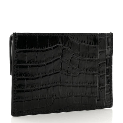 Saint Laurent Calfskin Crocodile Embossed Uptown Monogram Card Case Black 4 of 8