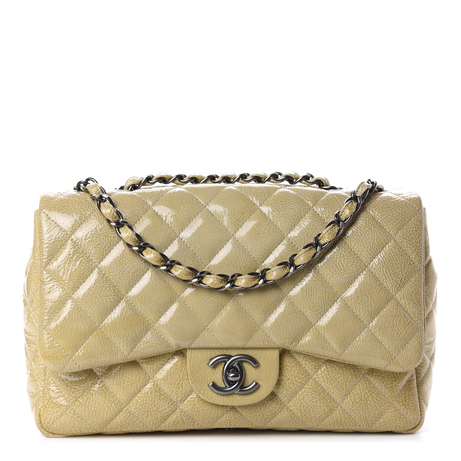 Chanel Crinkled Patent Quilted Jumbo Single Flap Light Beige 1 of 16