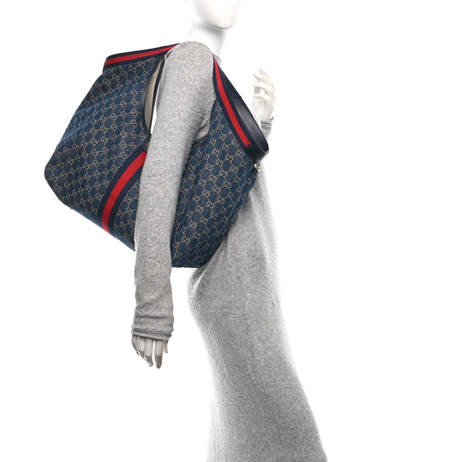 Gucci Denim GG Monogram Web Large Giglio Tote Blue 2 of 10