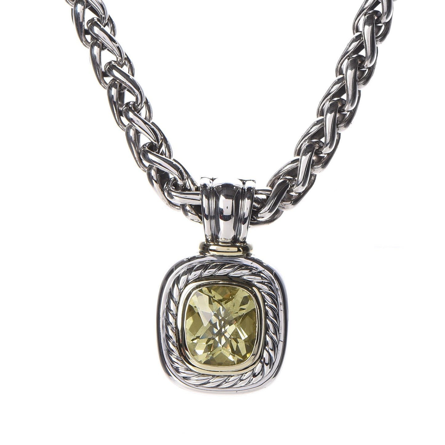 Sterling Silver 14K Yellow Gold Lemon Quartz Albion Pendant Wheat Chain Necklace
