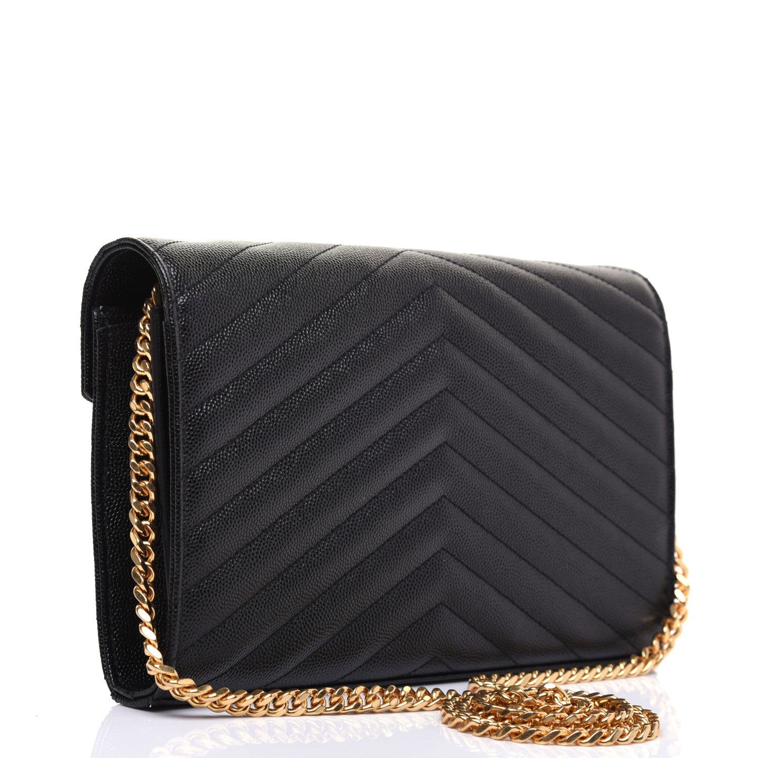 Saint Laurent Grain De Poudre Matelasse Chevron Monogram Chain Wallet Black 3 of 11