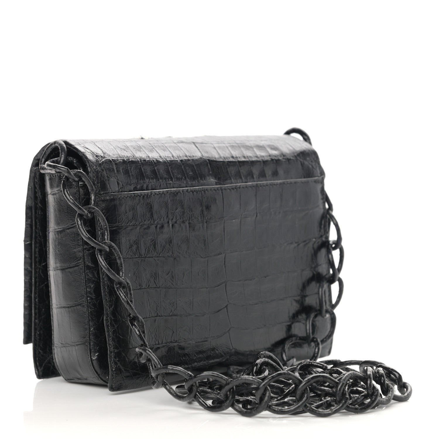 Nancy Gonzalez Crocodile Floral Applique Chain Shoulder Bag Black White 3 of 12