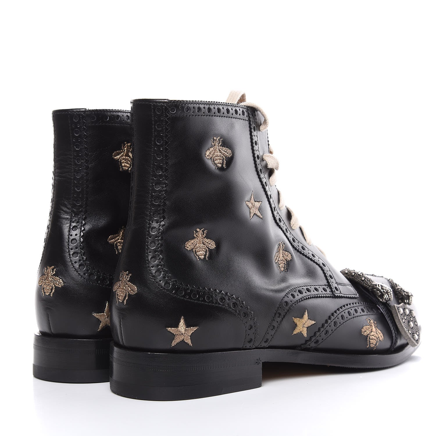 Gucci Calfskin Bee Star Embroidered Mens Queercore Brogue Wingtip Boots 7.5 Black 4 of 10
