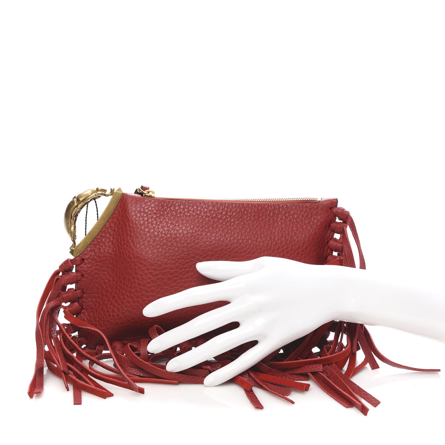 Grained Calfskin C-Rockee Sagittarius Fringe Clutch Scarlet