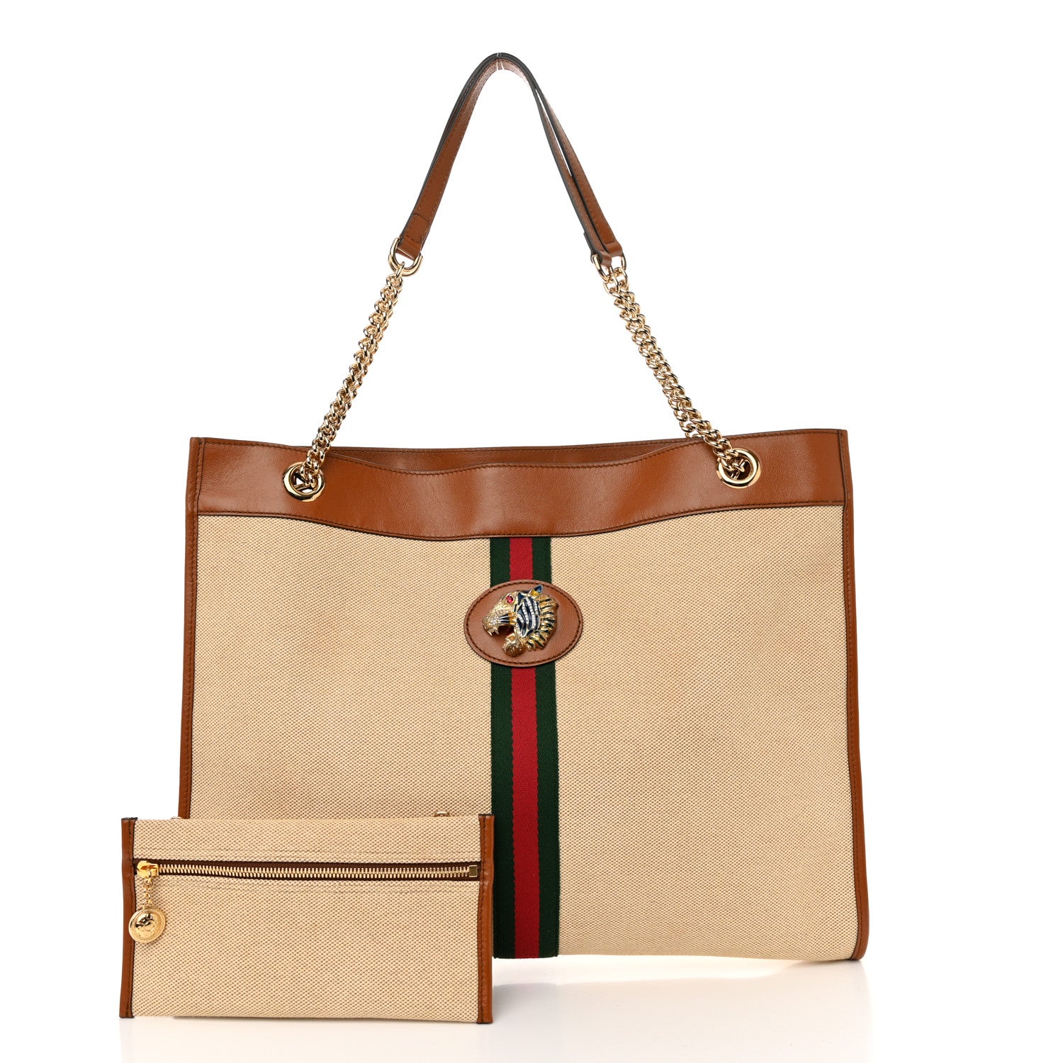 Gucci Vintage Canvas Calfskin Web Large Rajah Chain Tote Sand Light Cuir 3 of 11