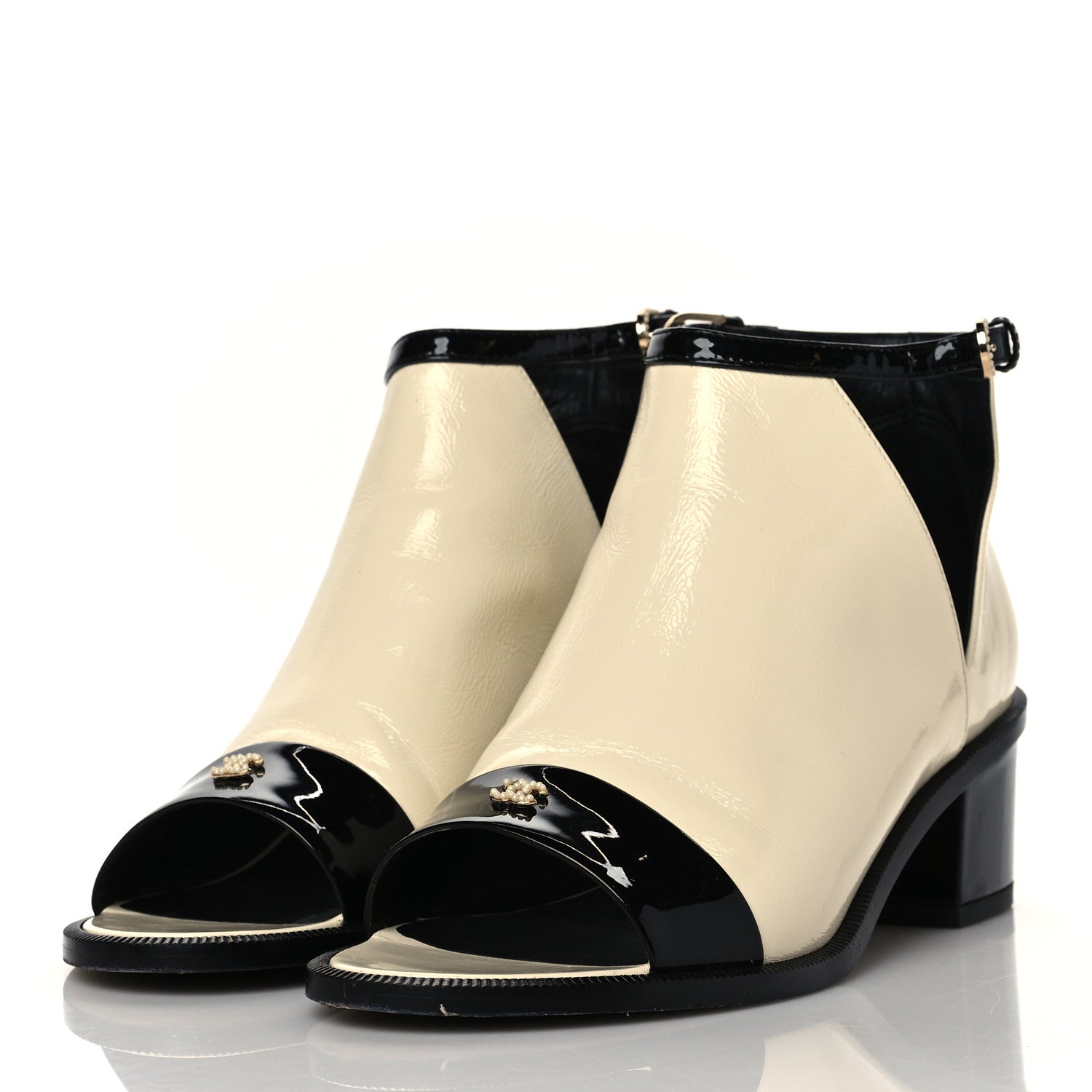 Chanel Patent Goatskin Patent Calfskin Peep Toe Short Ankle Boots 37 White Black 3 of 9