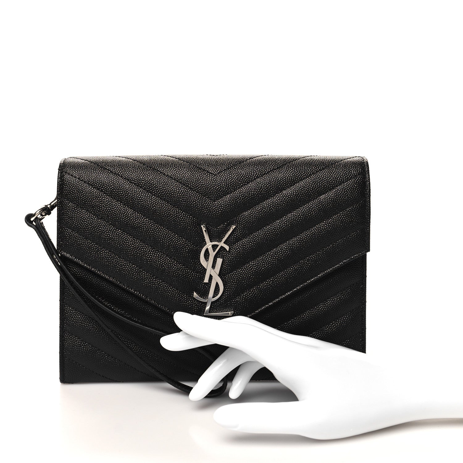 Saint Laurent Grain De Poudre Matelasse Chevron Monogram Envelope Clutch Black 2 of 10