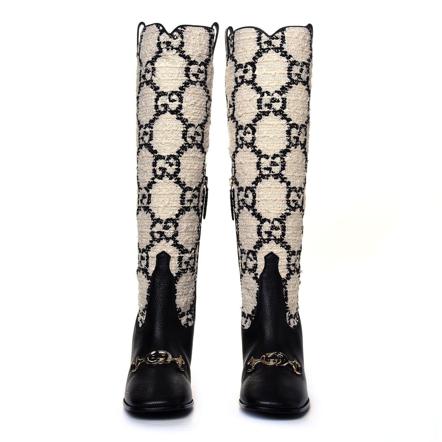 Tweed GG Monogram Wrinkled Kid Zumi Knee Boots 37 Natural Black