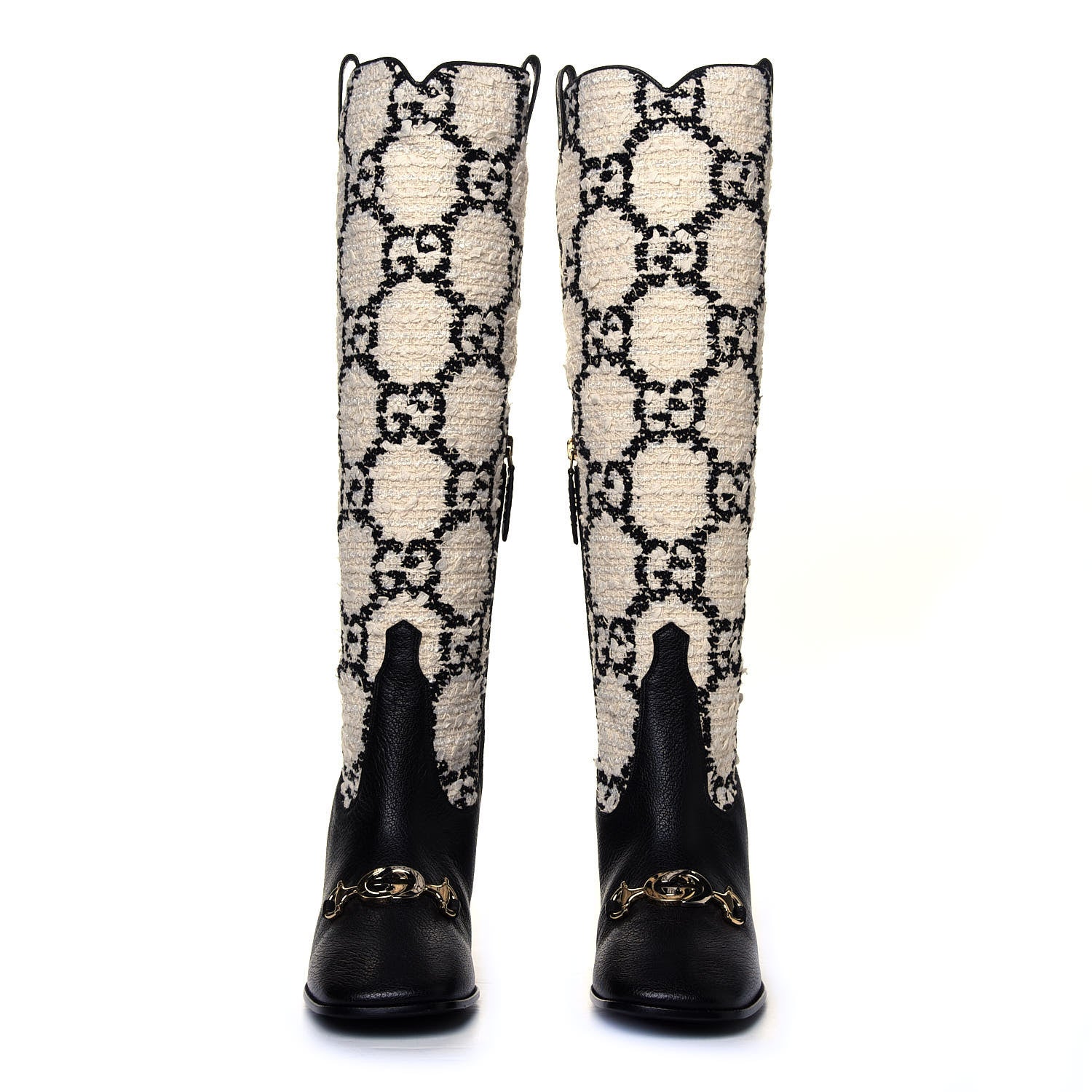 Gucci Tweed GG Monogram Wrinkled Kid Zumi Knee Boots 37 Natural Black 4 of 6