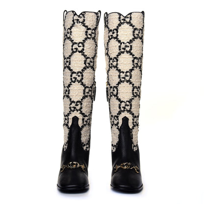 Gucci Tweed GG Monogram Wrinkled Kid Zumi Knee Boots 37 Natural Black 4 of 6