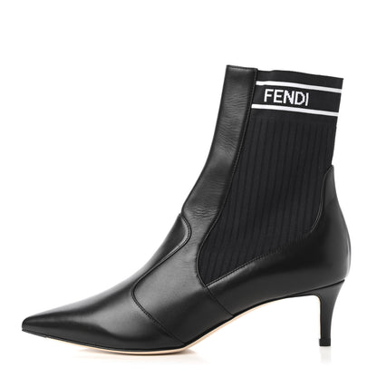 Fendi Vitellino Stretch Fabric Logo Rockoko Low Heel Sock Boots 37.5 Black White 1 of 9