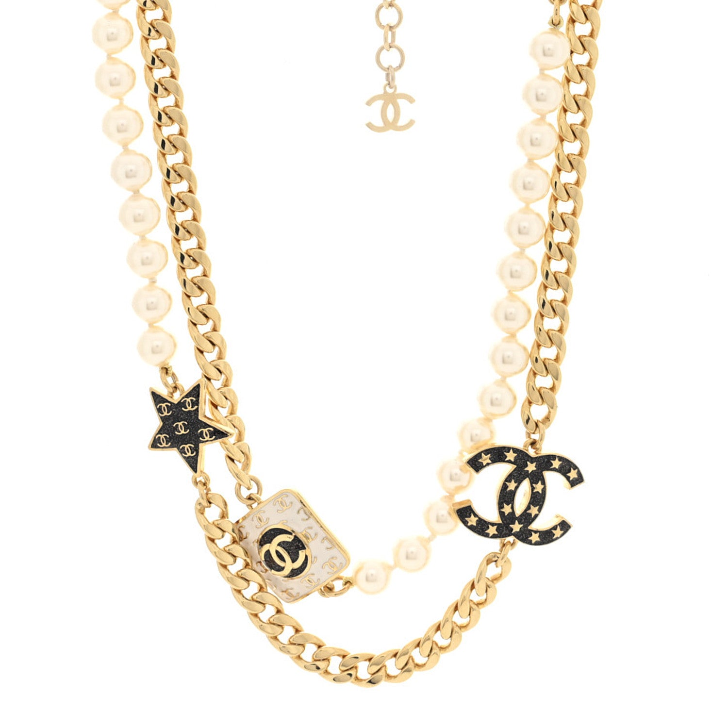 Chanel Metal Enamel Pearl Star CC Necklace Gold White 1 of 4