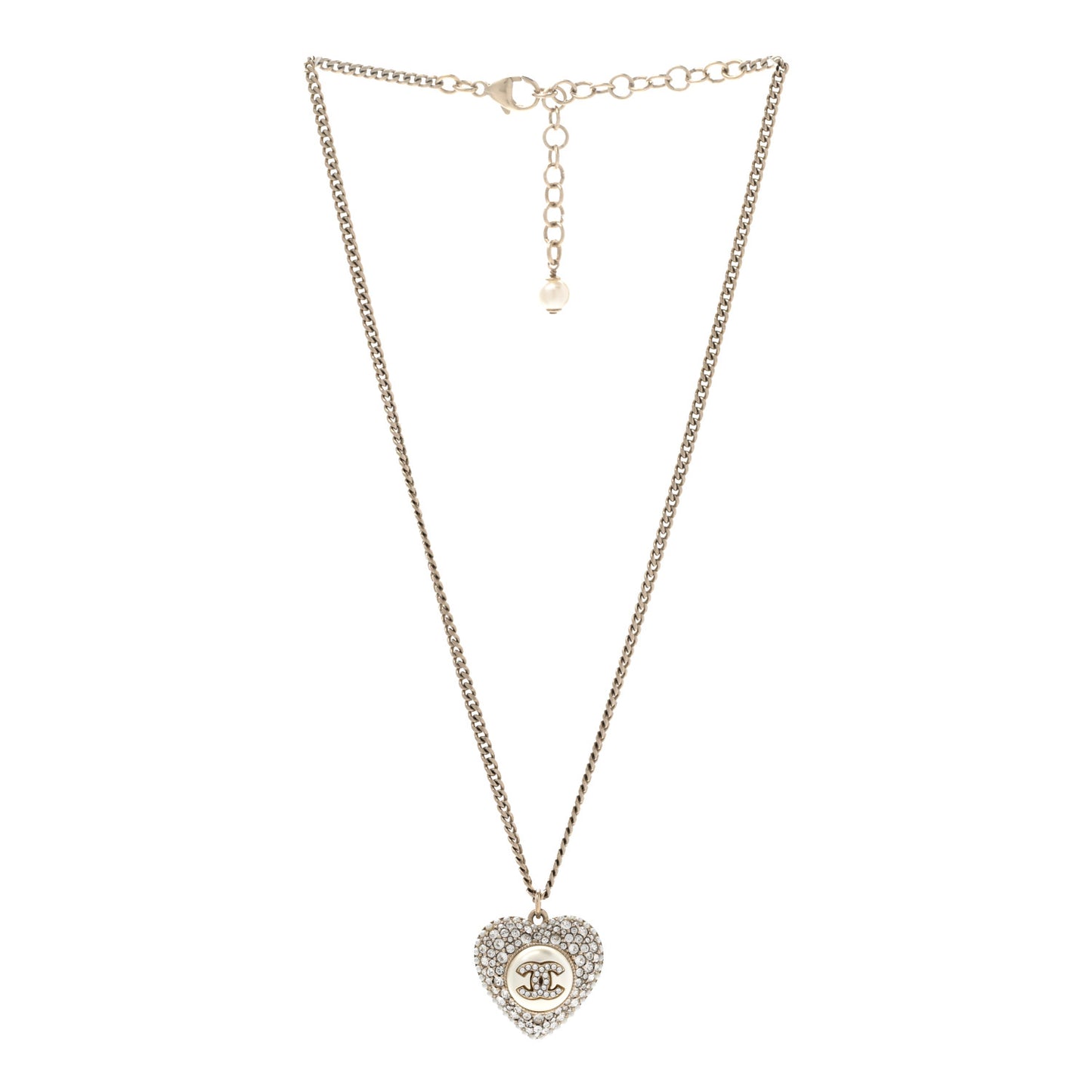 Pearl Crystal CC Heart Necklace Gold Pearly White