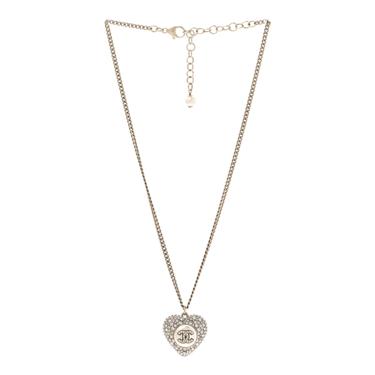 Chanel Pearl Crystal CC Heart Necklace Gold Pearly White 3 of 7