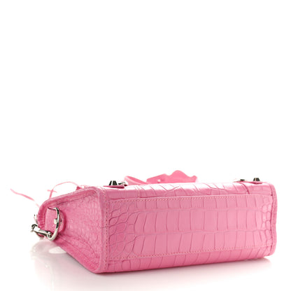 Balenciaga Shiny Supple Calfskin Crocodile Embossed Classic Silver Hardware Mini City Baby Pink 5 of 11