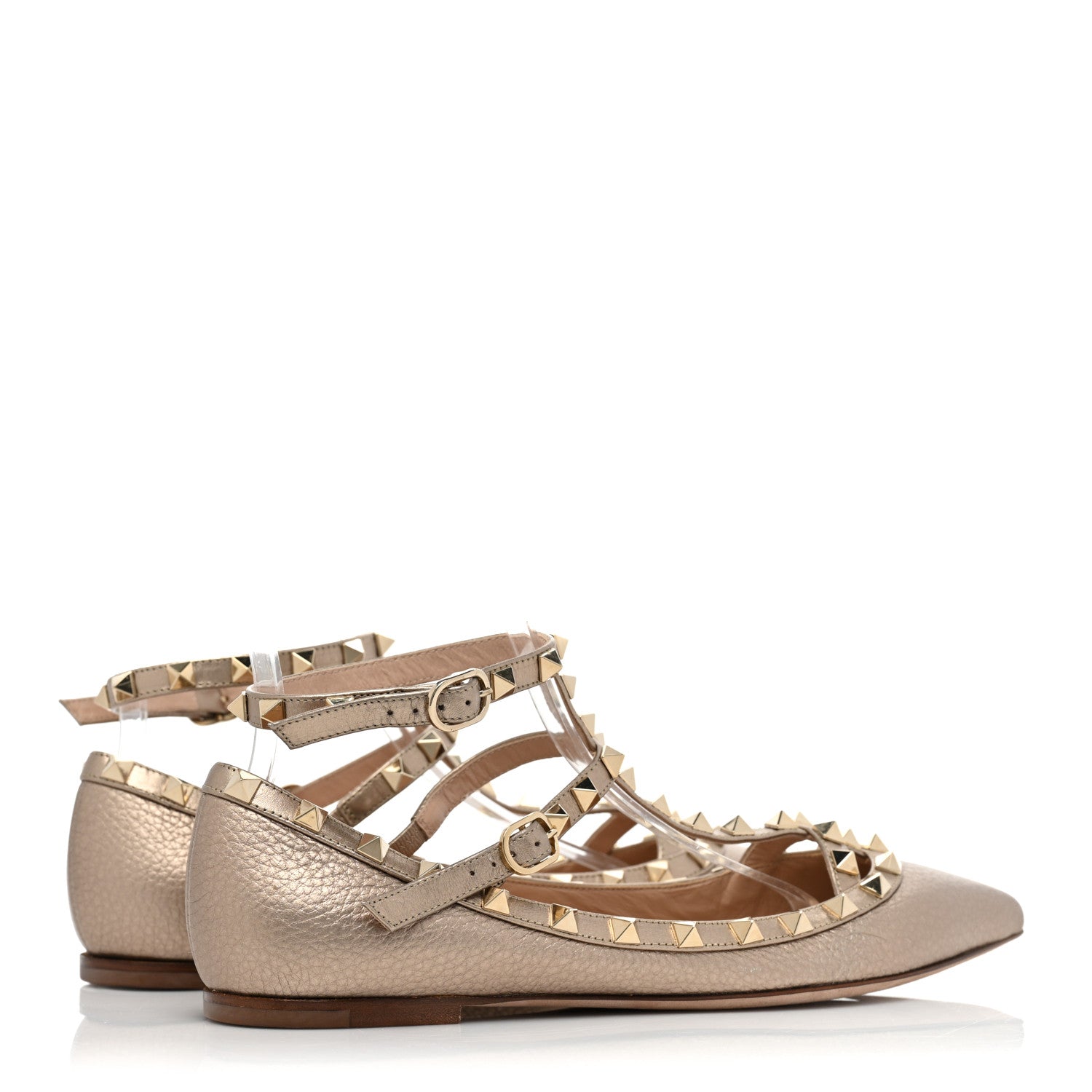 Valentino Garavani Metallic Pebbled Calfskin Rockstud Cage Ballerina Flats 38 Sasso Poudre 4 of 9