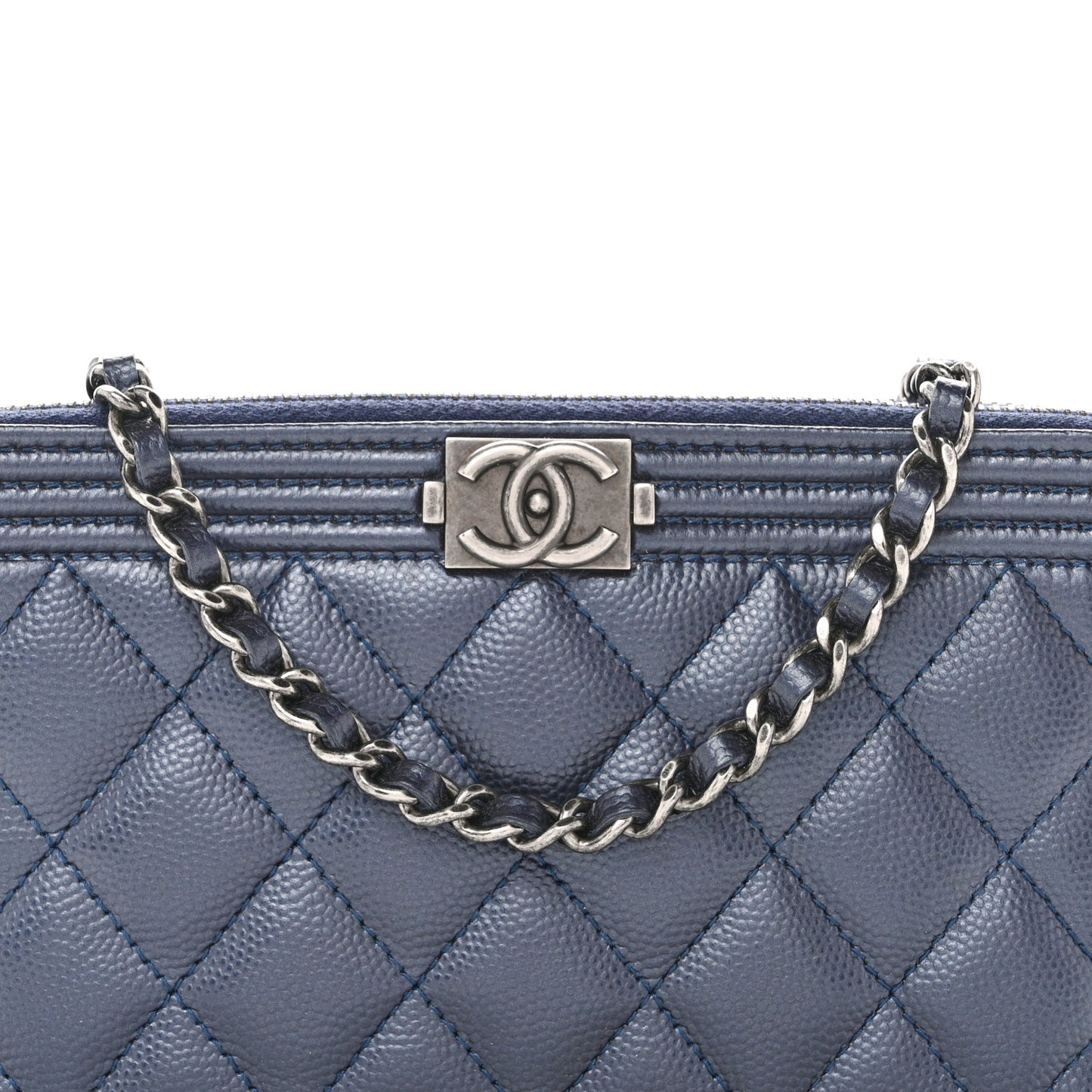 Metallic Caviar Quilted Small Boy Clutch With Chain Navy
