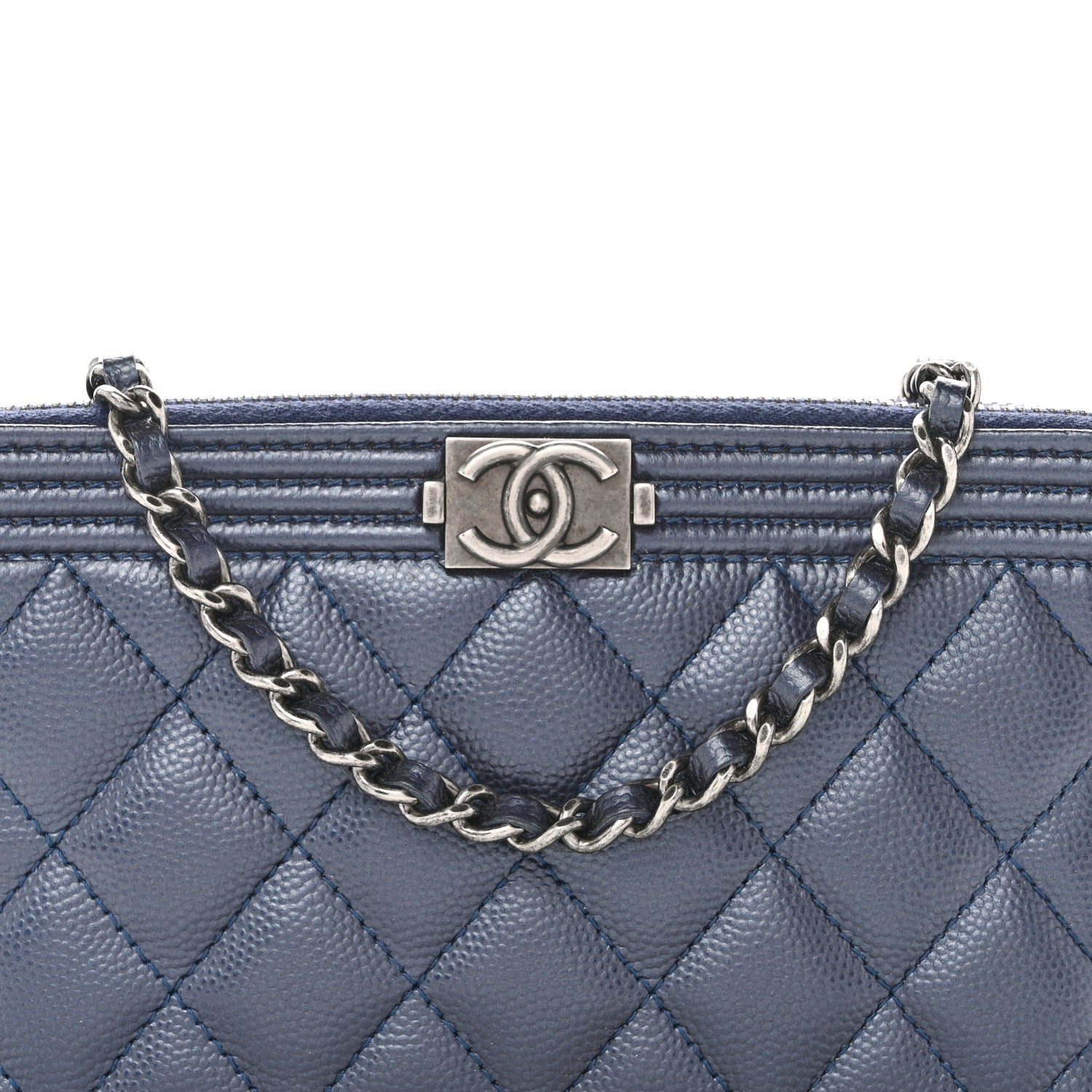 Chanel Metallic Caviar Quilted Small Boy Clutch With Chain Navy 11 of 13
