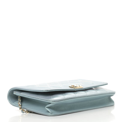 Chanel Metallic Patent Calfskin Quilted Boy Wallet on Chain WOC Light Blue 4 of 15