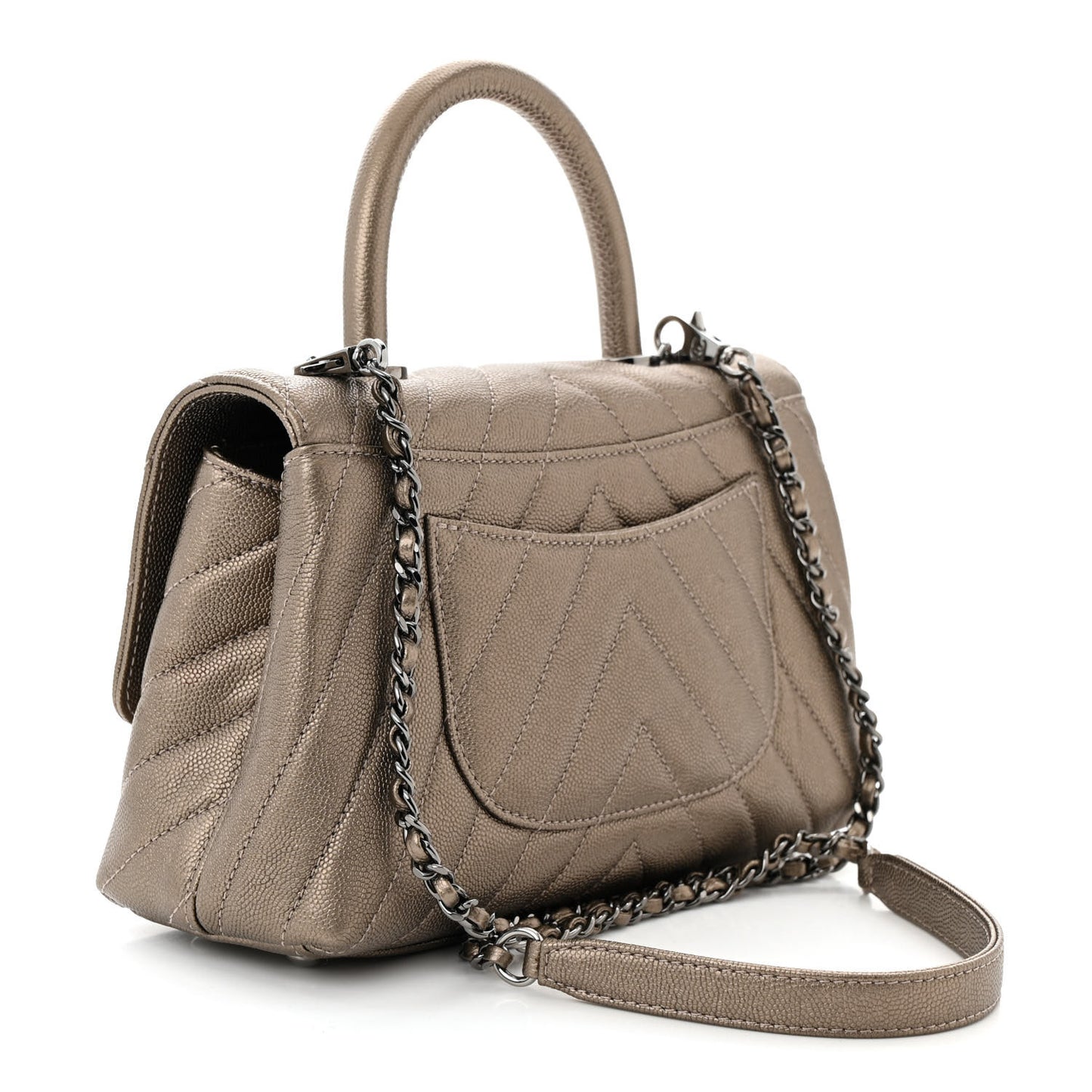 Metallic Caviar Chevron Quilted Mini Coco Handle Flap Light Gold