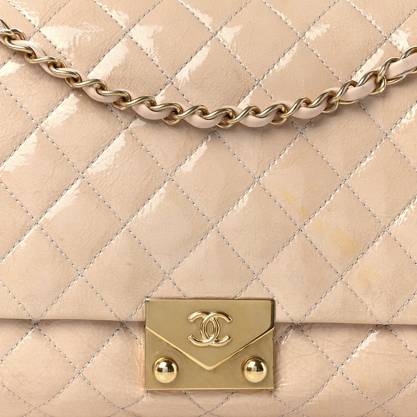 Patent Goatskin Quilted 3 Pocket Accordion Flap Beige