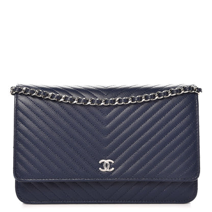Chanel Caviar Chevron Quilted Wallet On Chain WOC Navy 1 of 8