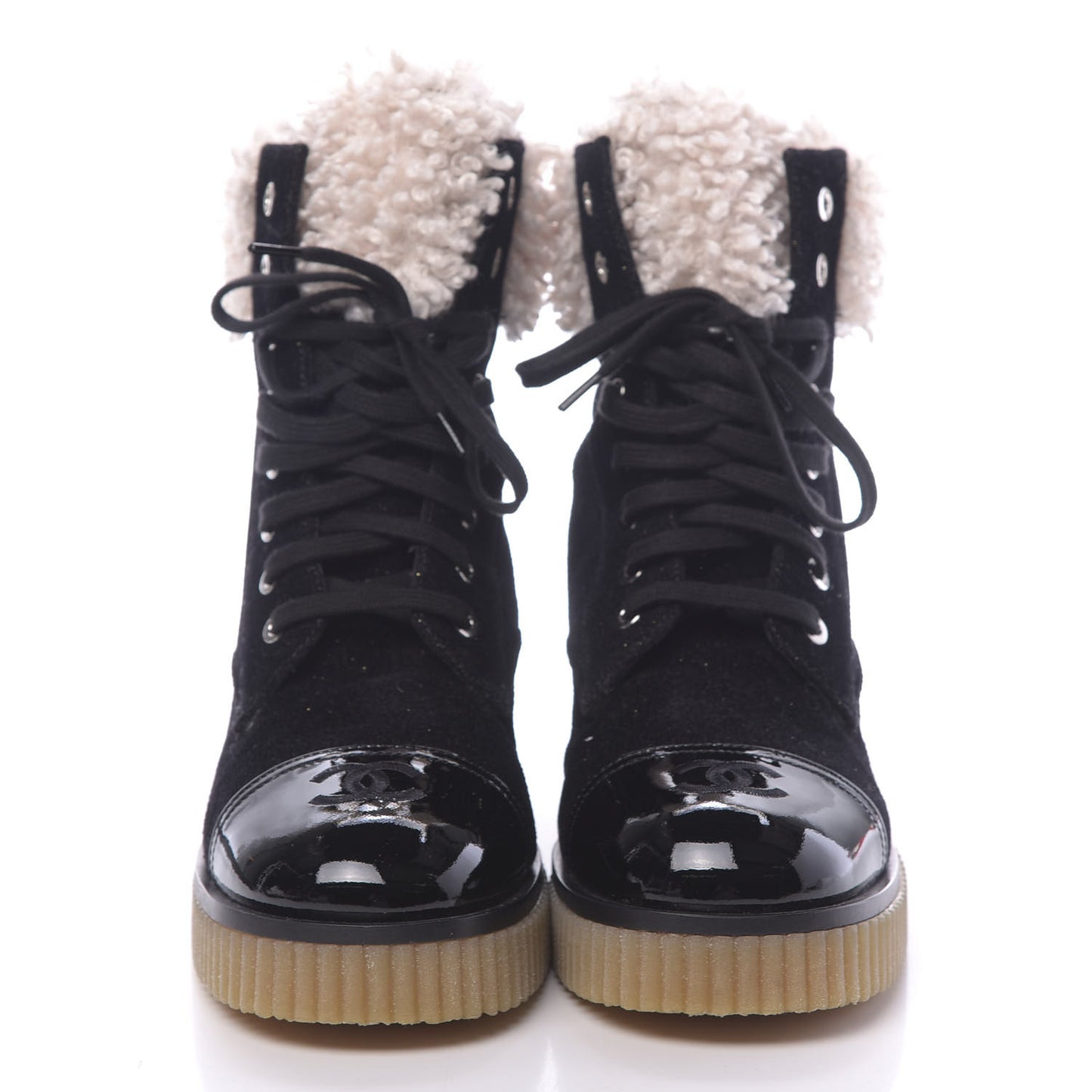 Calfskin Patent Fabric Lace Up Cap Toe CC Boots 39.5 Black Ivory
