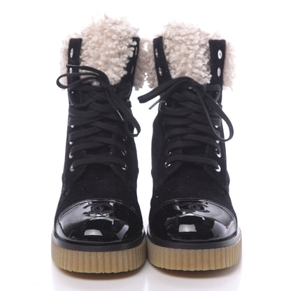 Chanel Calfskin Patent Fabric Lace Up Cap Toe CC Boots 39.5 Black Ivory 2 of 9