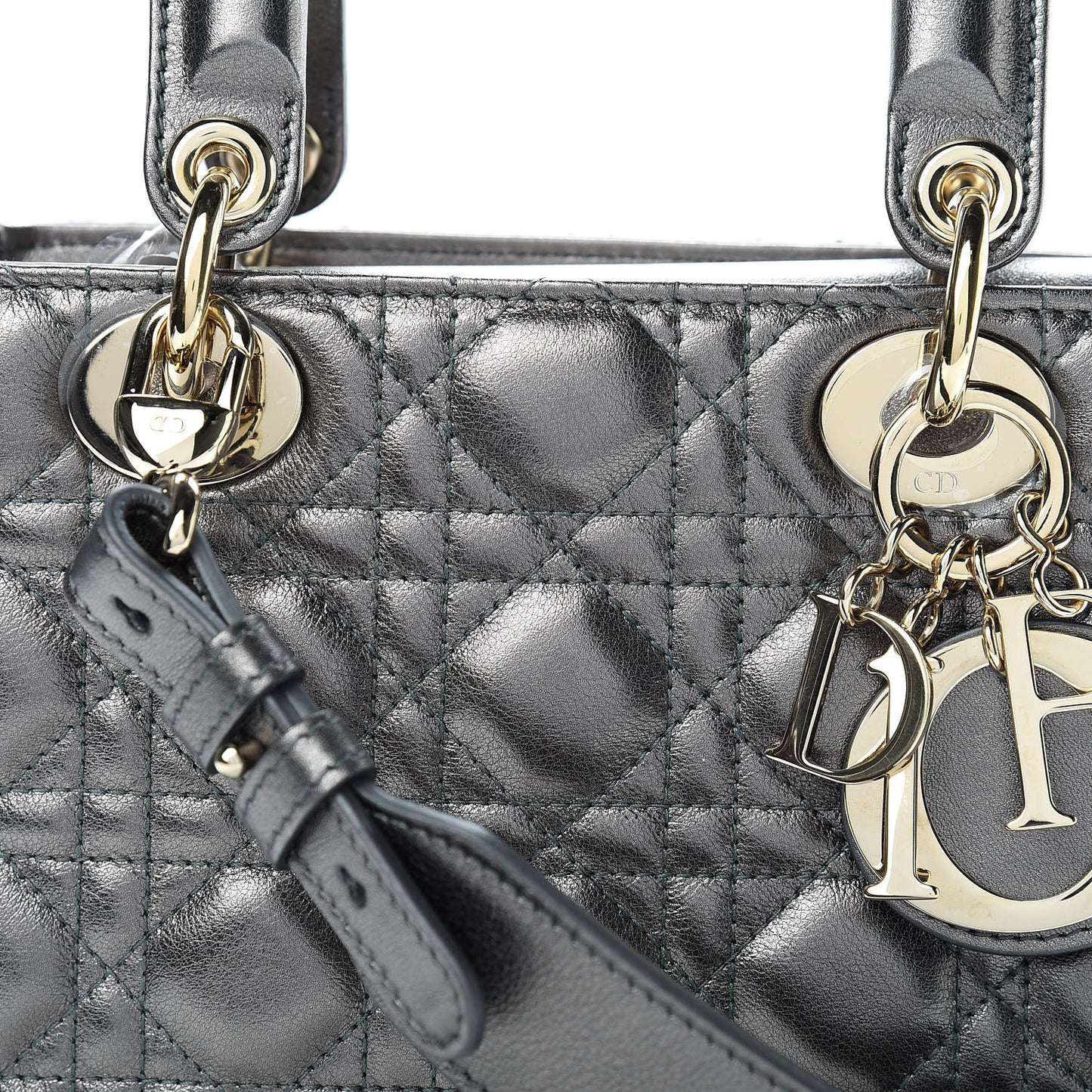 Metallic Grained Calfskin Cannage Small Lady Dior Gunmetal