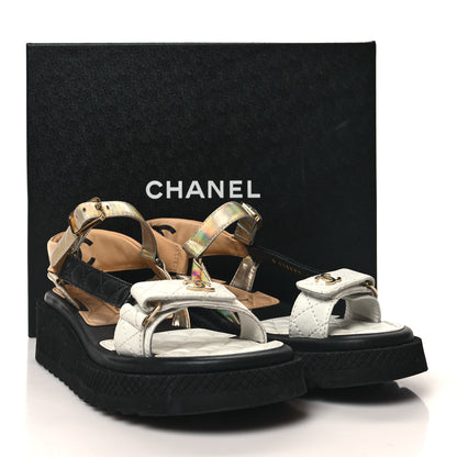 Chanel Lambskin Logo Platform Sandals 38 Beige Gold White 10 of 10