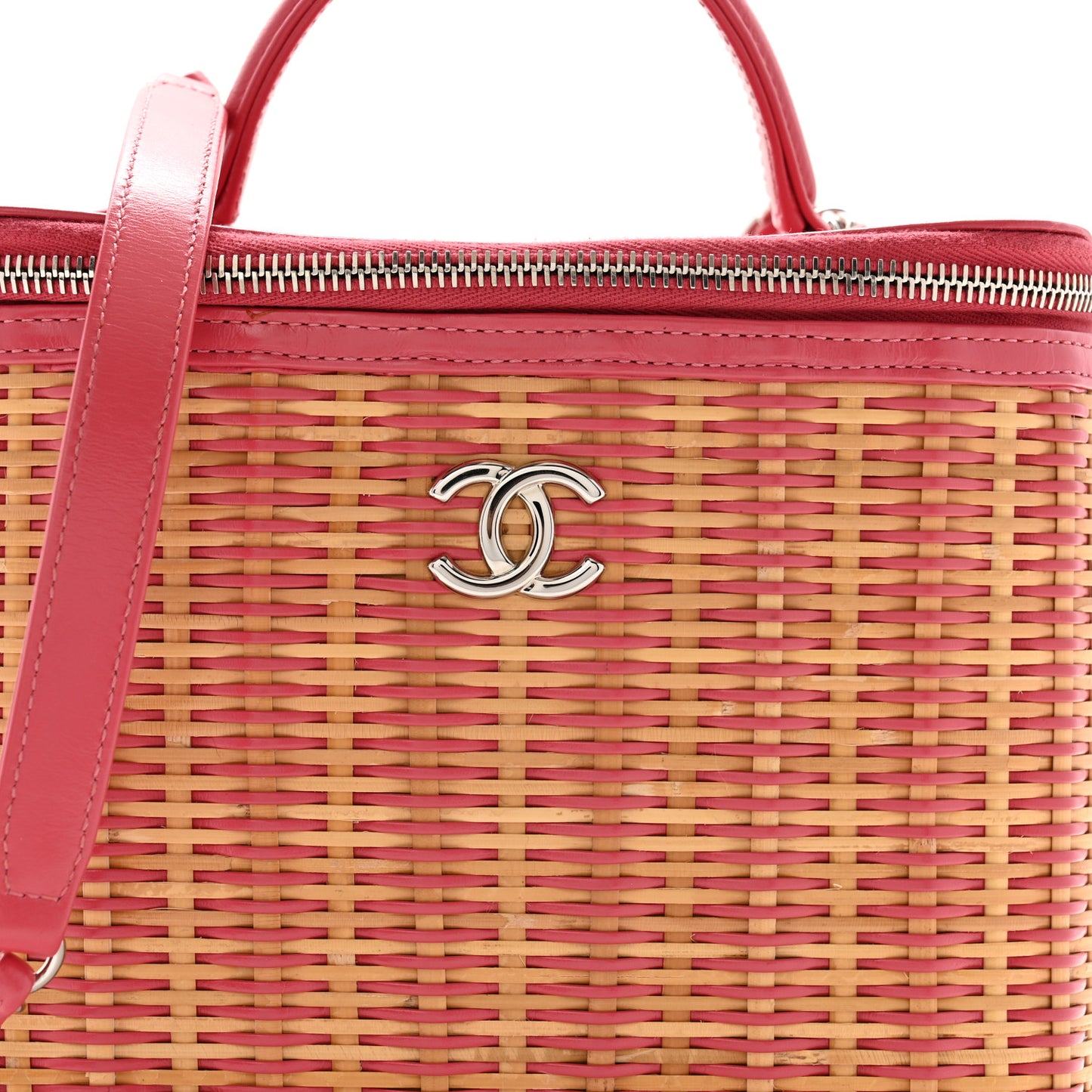 Glazed Calfskin Raffia Vanity Case Bag Pink
