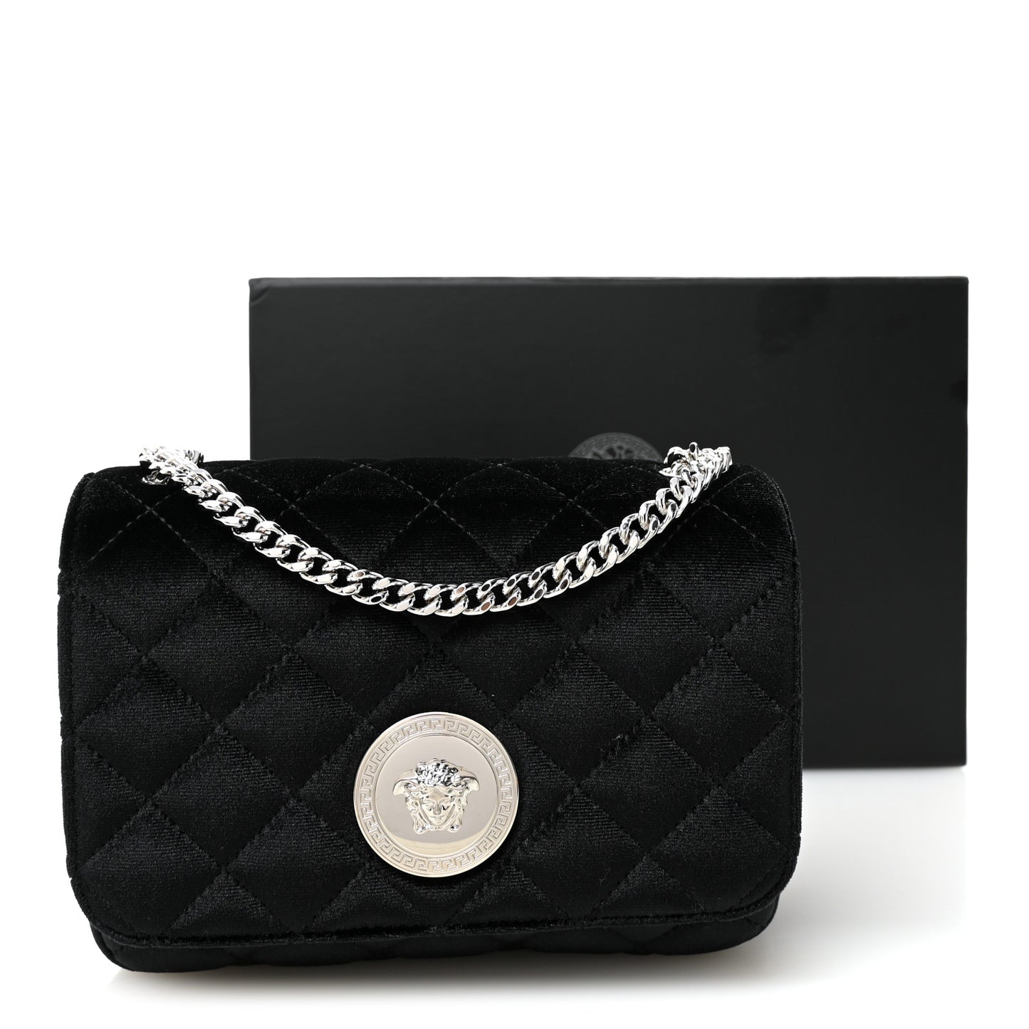 Velvet Quilted Medusa Chain Crossbody Black