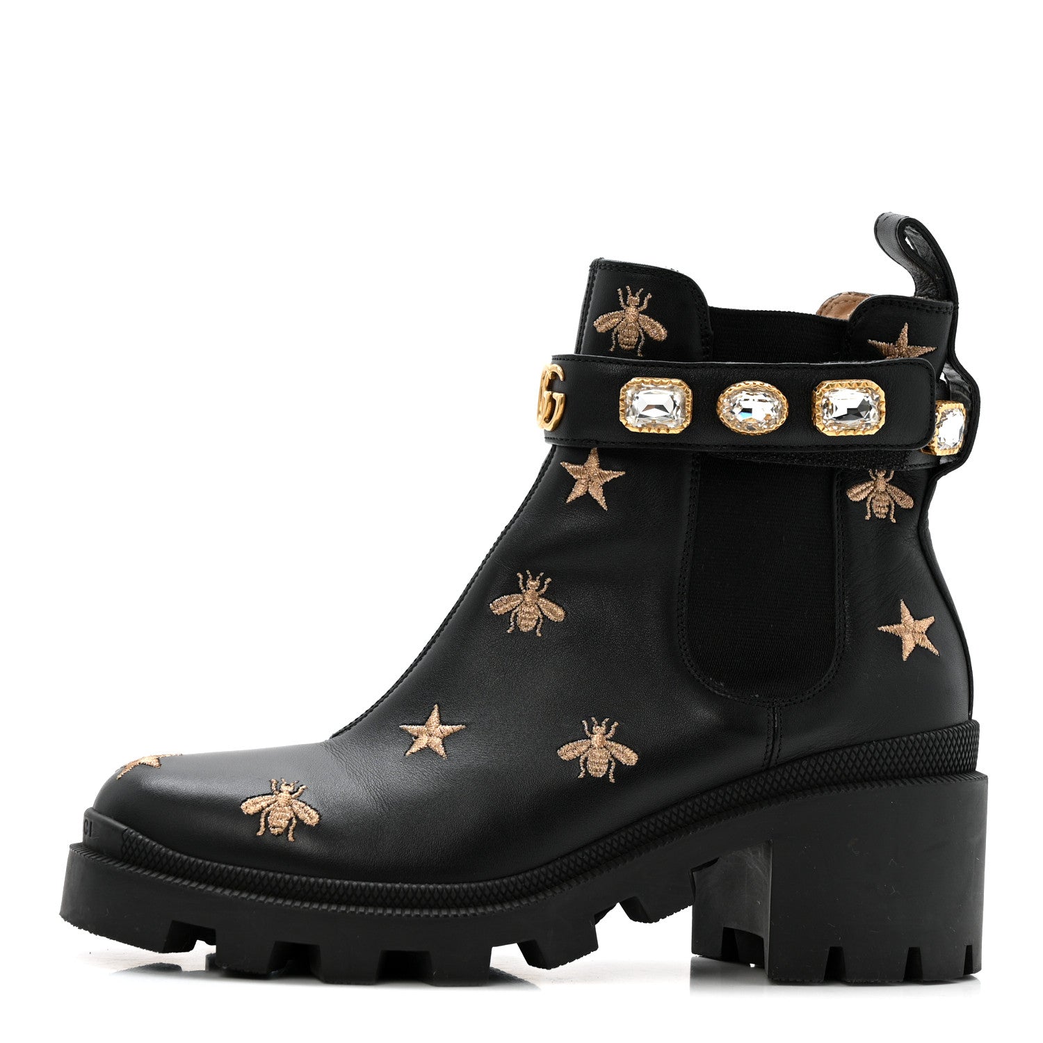 Gucci Calfskin Bee Star Embroidered Belt Ankle Boots 38 Black 1 of 12