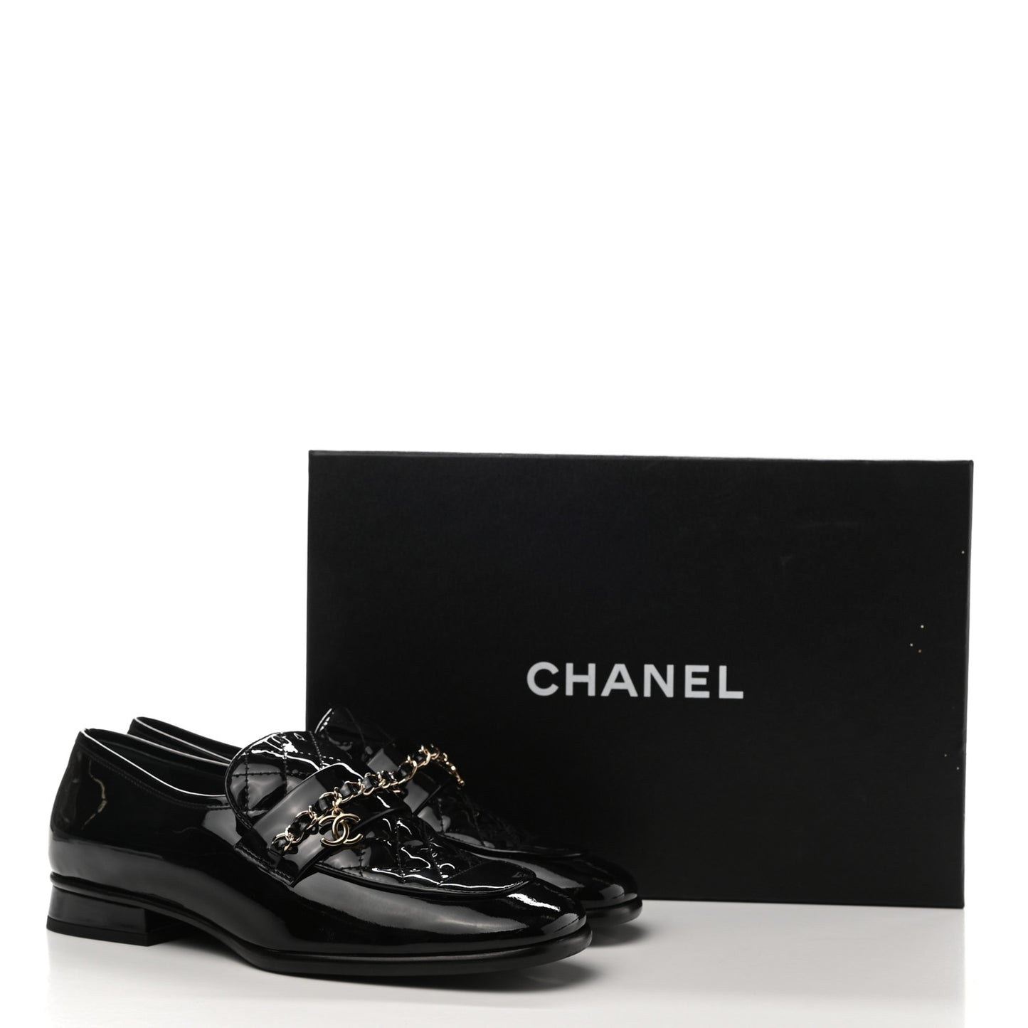 Patent Calfskin CC Chain Mocassin Loafers 36.5 Black