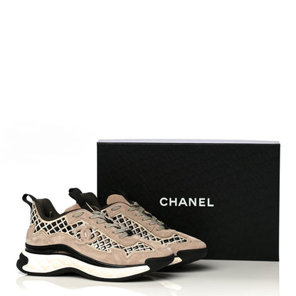 Chanel Suede Calfskin Embroidered CC Sneakers 37.5 Beige Black 14 of 14