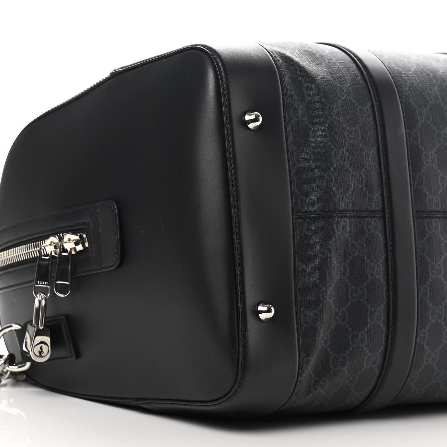 Soft GG Supreme Monogram Appia Calfskin Web Medium Carry On Duffle Bag Black Grey