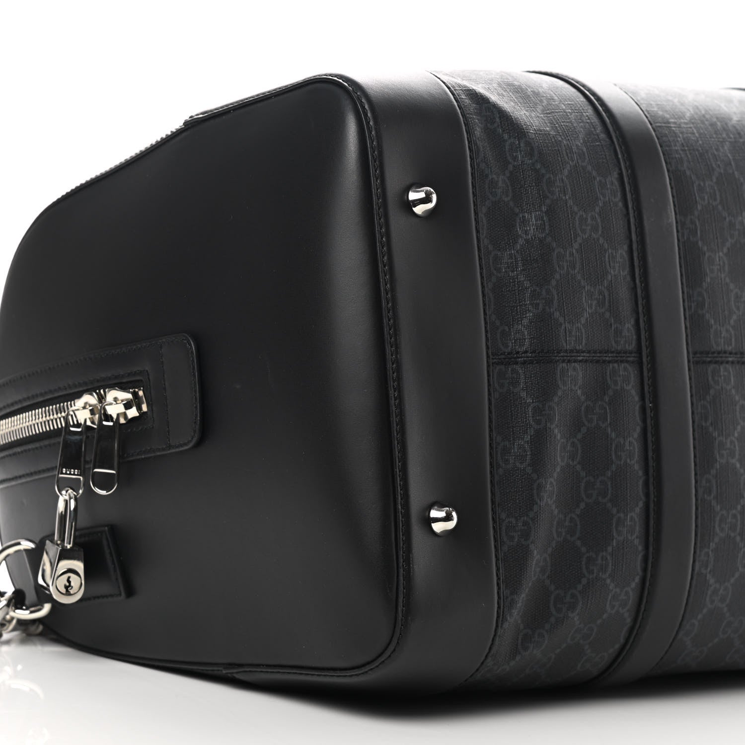 Gucci Soft GG Supreme Monogram Appia Calfskin Web Medium Carry On Duffle Bag Black Grey 9 of 15
